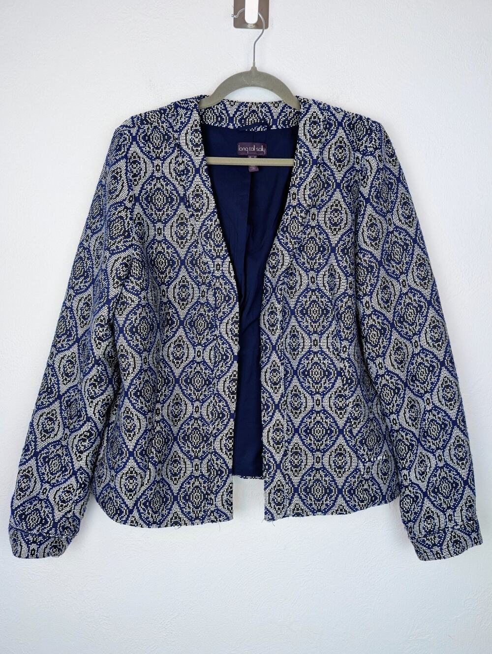 Long Tall Sally Blazer Jacket Jacquard Career Office Preppy Blue White Size 10